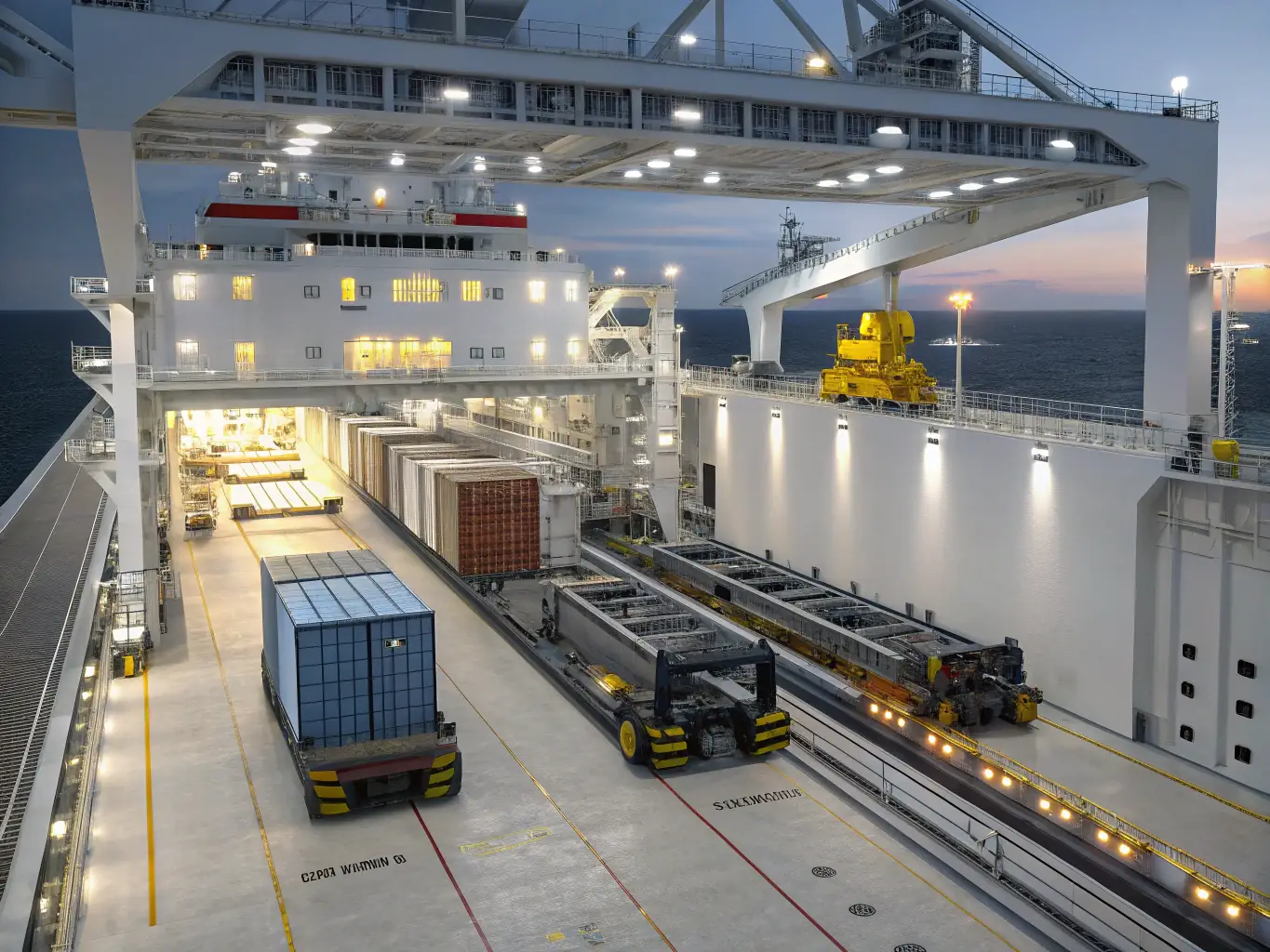 A detailed architectural rendering of the Nexus Aequor vessel's advanced cargo handling system, highlighting its efficiency and versatility in loading and unloading various types of cargo.