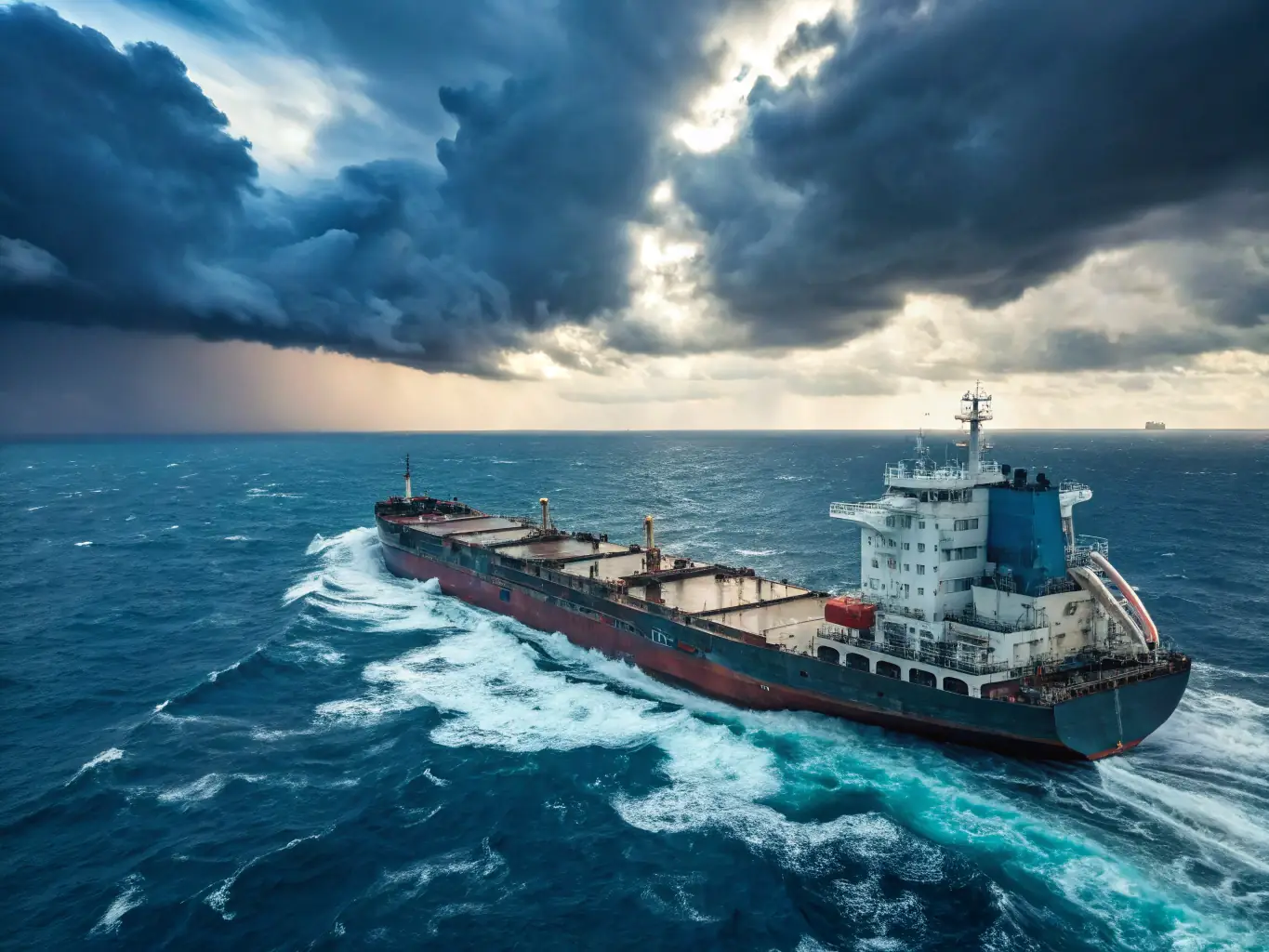 An aerial view of the Nexus Aequor vessel at sea, emphasizing its sleek design and eco-friendly features, such as its optimized hull shape and emissions reduction technologies.