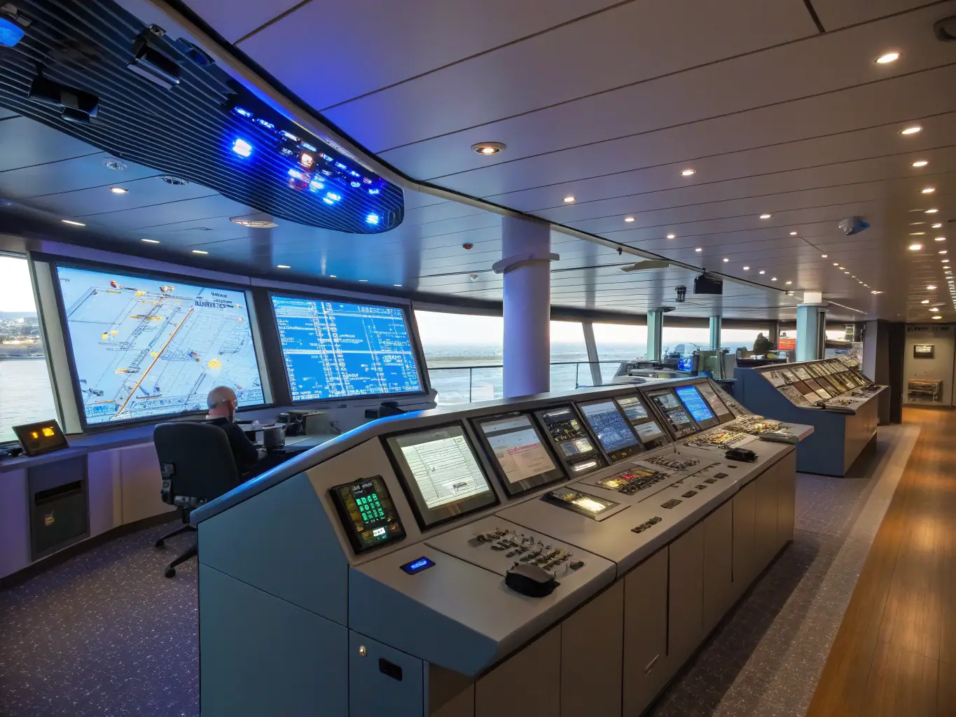 A visually striking image of the Nexus Aequor vessel's bridge, showcasing its advanced navigation and safety systems, with a focus on the modern technology and ergonomic design.